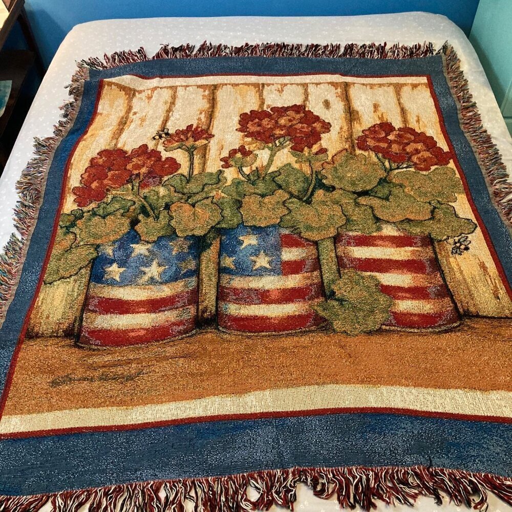 Vintage Woven Cotton Throw Blanket Patriotic Geraniums‎ Susan Winget RWB 54 x 64